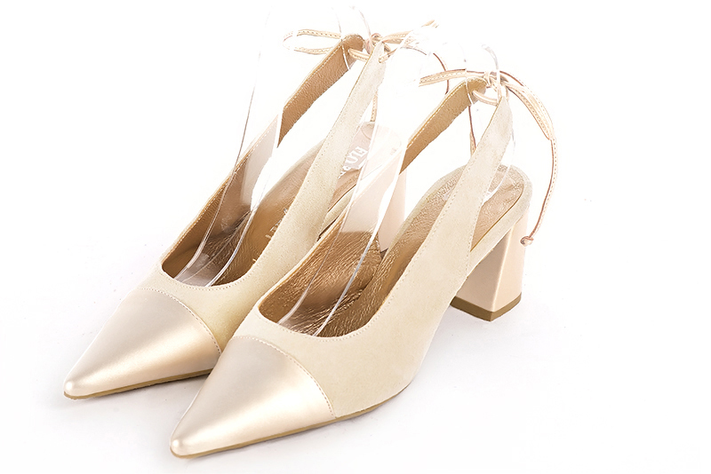 Gold and champagne beige women's slingback shoes. Pointed toe. Medium flare heels. Front view - Florence KOOIJMAN